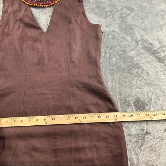 VTG Max Mara Sportmax Linen Dress Women M Beaded Neck Italy Resort Luxury Brown - Picture 10 of 14